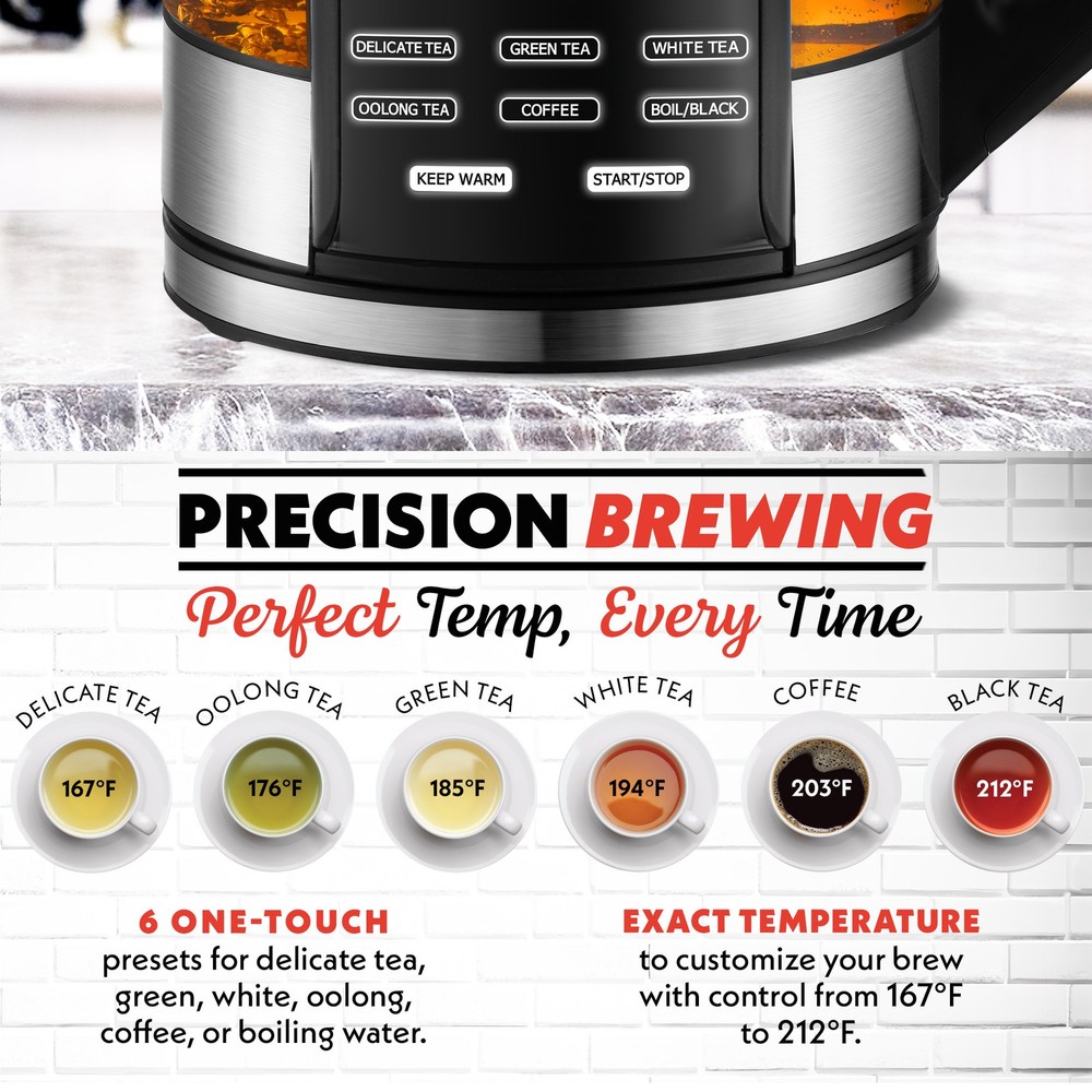 Gourmia Programmable 1.7L Glass Kettle with 6 Presets and Removable Infuser