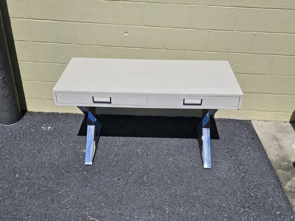 MCM Milo Baughman? Style Campaign Writing Desk White Lacquer & X Chrome Base