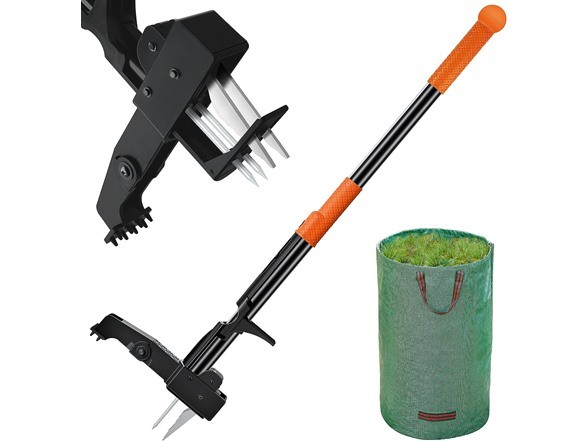 GOODPARTNER WEED PULLER TOOL 40" LONG HANDLE WEED PICKER LEAF BAG - BLACK/ORANGE