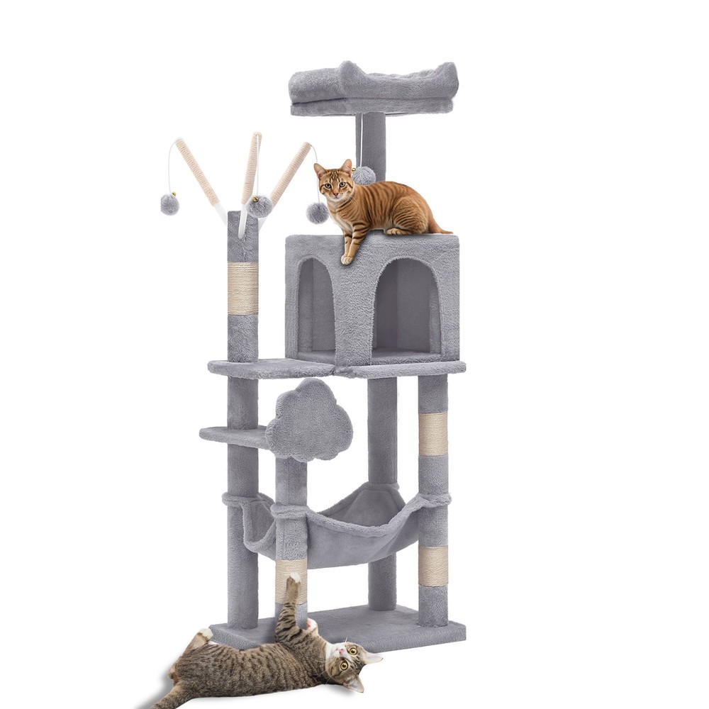 44" Cat Tree Tower, with Scratch Posts, Condo, Hammock, Toys, Light Gray