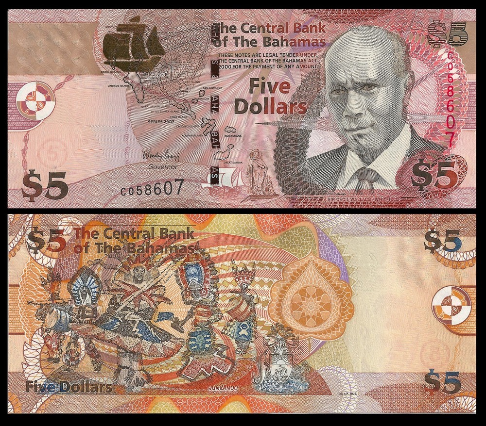 BAHAMAS 5 DOLLARS 2007 P 72 UNC