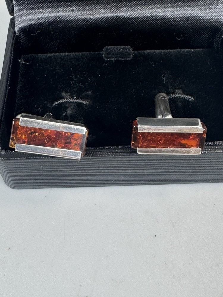 Sterling Silver 925 Cufflinks with Baltic Amber Rectangular Design – New in Box