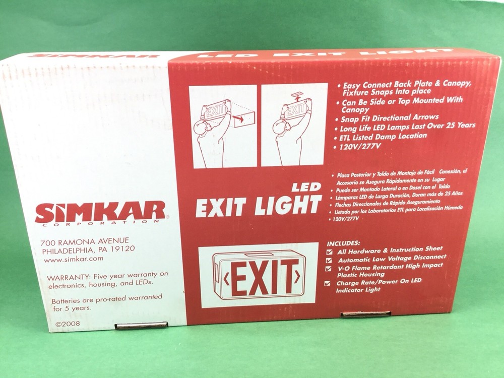 Simkar LED Exit Sign Red Letters Arrows Double Sided Battery Backup Complete Kit