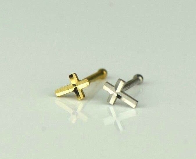 14k Yellow or White Gold Cross Nose Piercing Stud