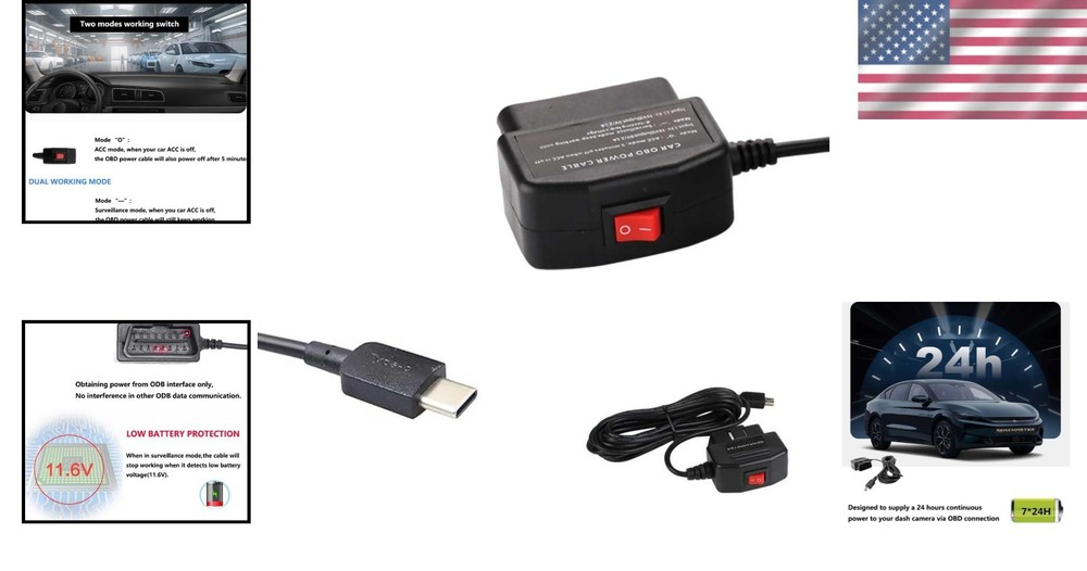 24/7 Dash Camera Power Supply - OBD Type-C Cable with Mode Switch Functionality