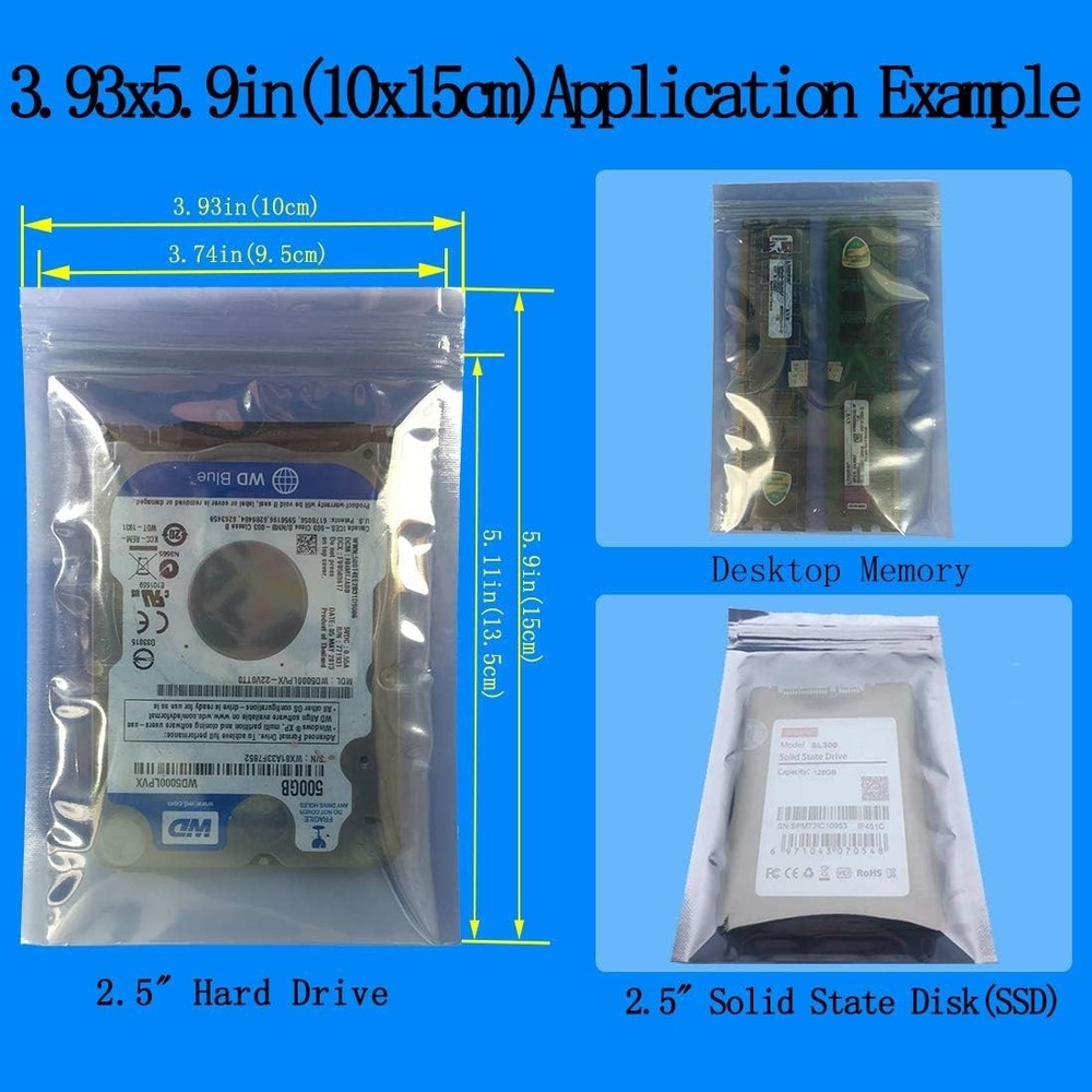 Anti Static Bags Set 100pcs Mixed Sizes for Hard Drive SSD Electronics Storage