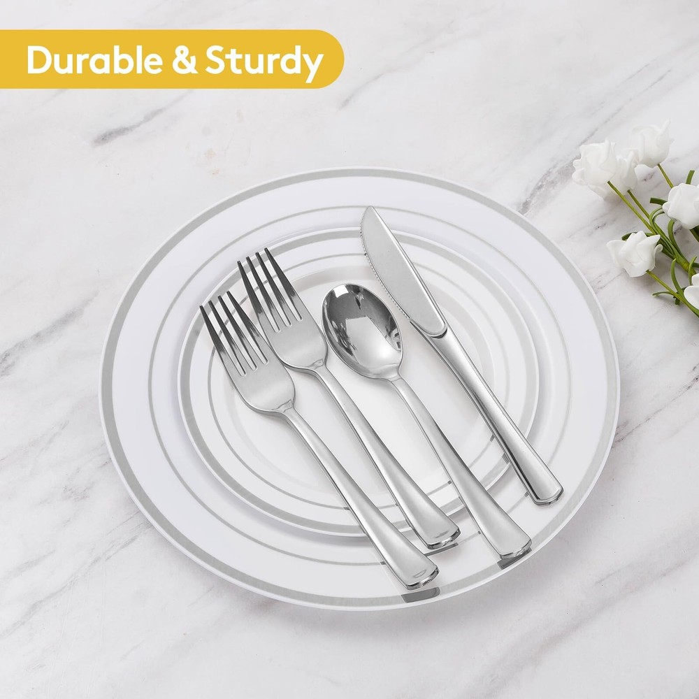 Goodluck 600 Piece Disposable Silver Plates for 100 Guests, Plastic Dinnerwar...