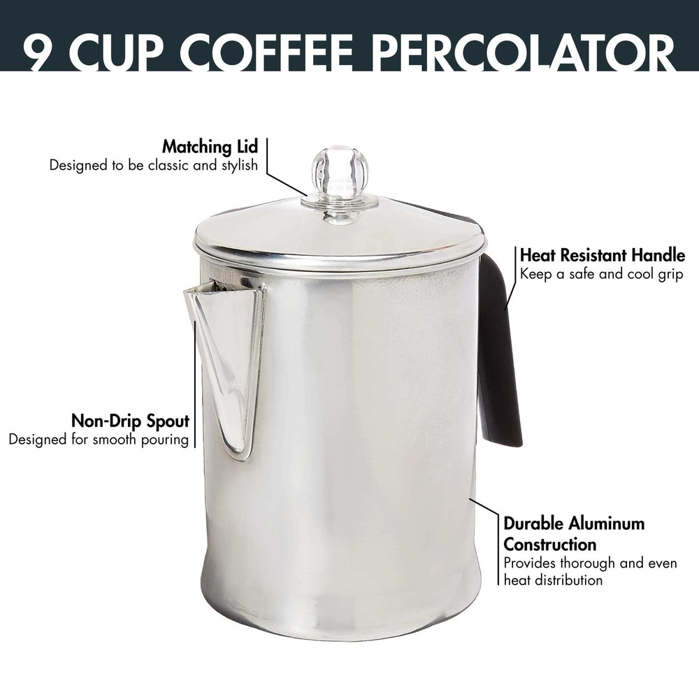 9 Cup Aluminum Stovetop Coffee Percolator Silver