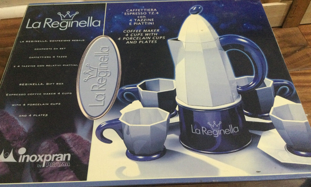 White Blue ItalY La Reginella Stovetop Espresso  Coffee Inoxpran tz4 +cup +sauce