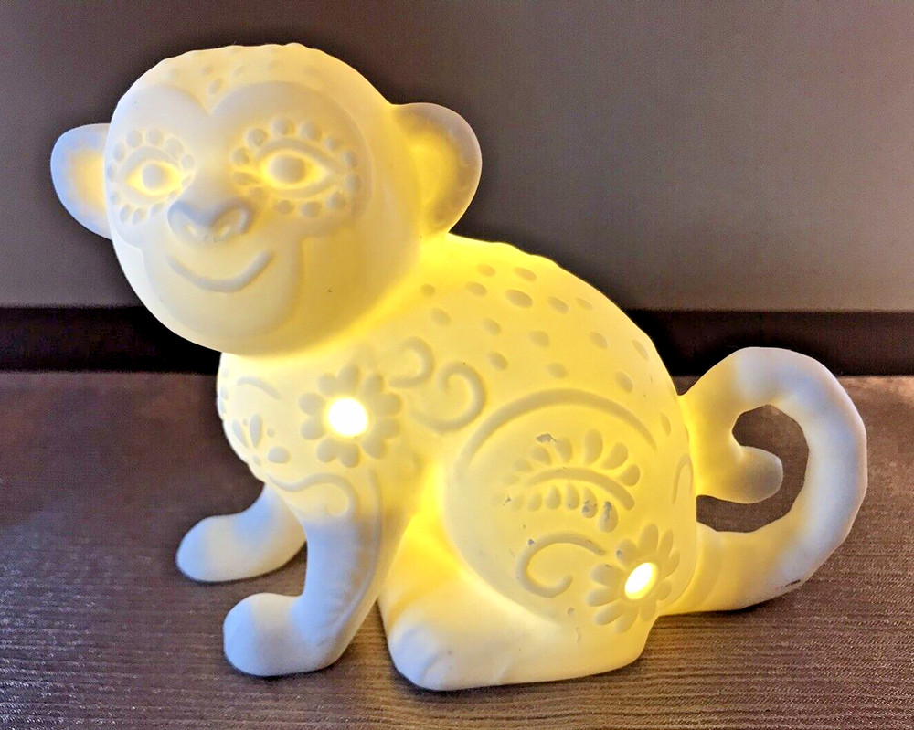 Lighted Monkey Night Light Accent Light White Bisque Battery Operated 4"