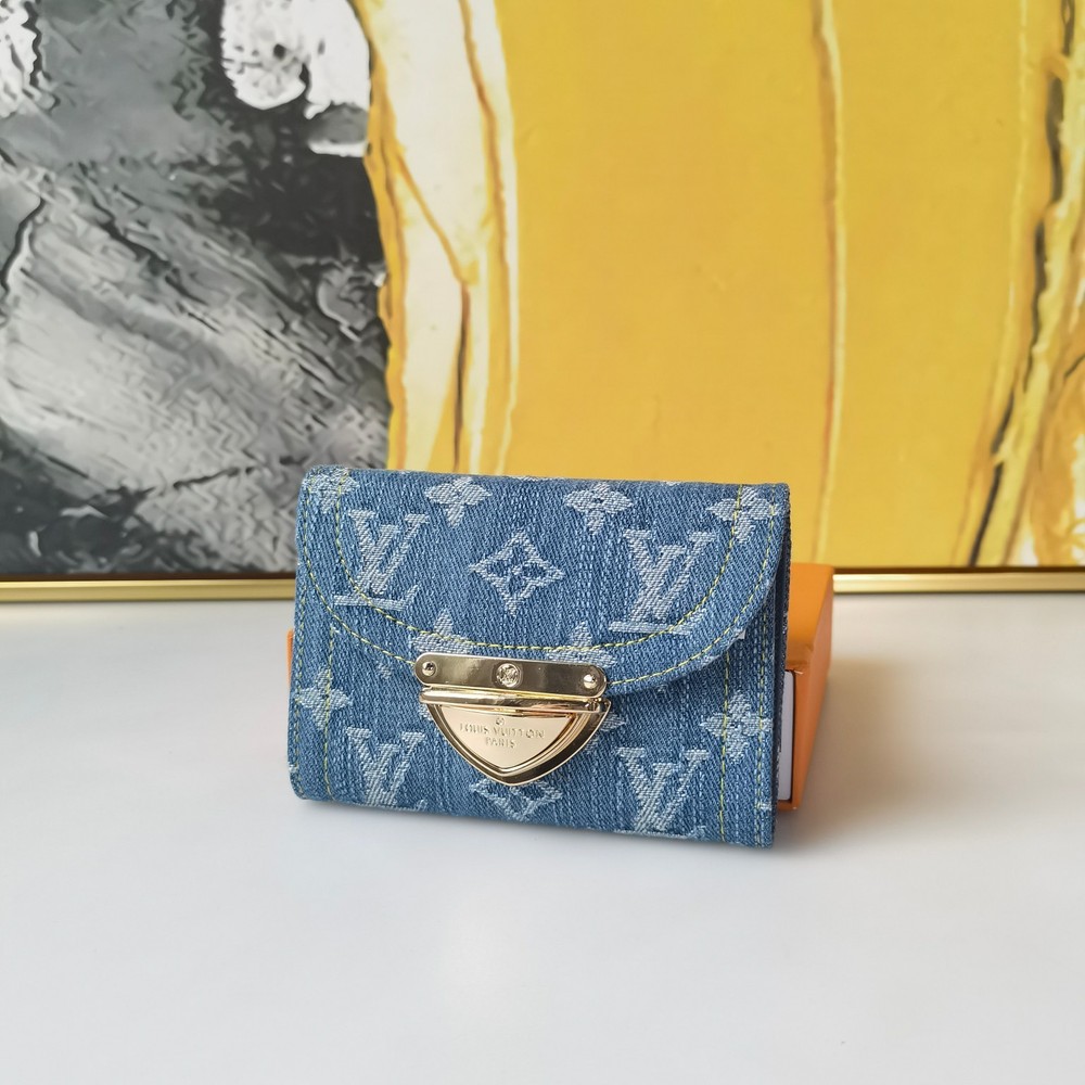 LOUIS Monogram Denim Blue Wallet Gold Hardware Full Box