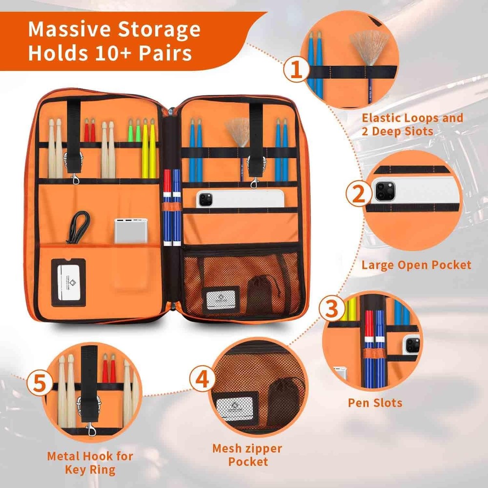 Large Capacity Drum Stick Bag with Hook & Adjustable Strap for Percussion