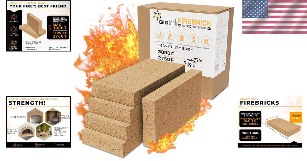 High Performance Fire Bricks - 5-Pack 9"x4.5" for Efficient Heat Distribution