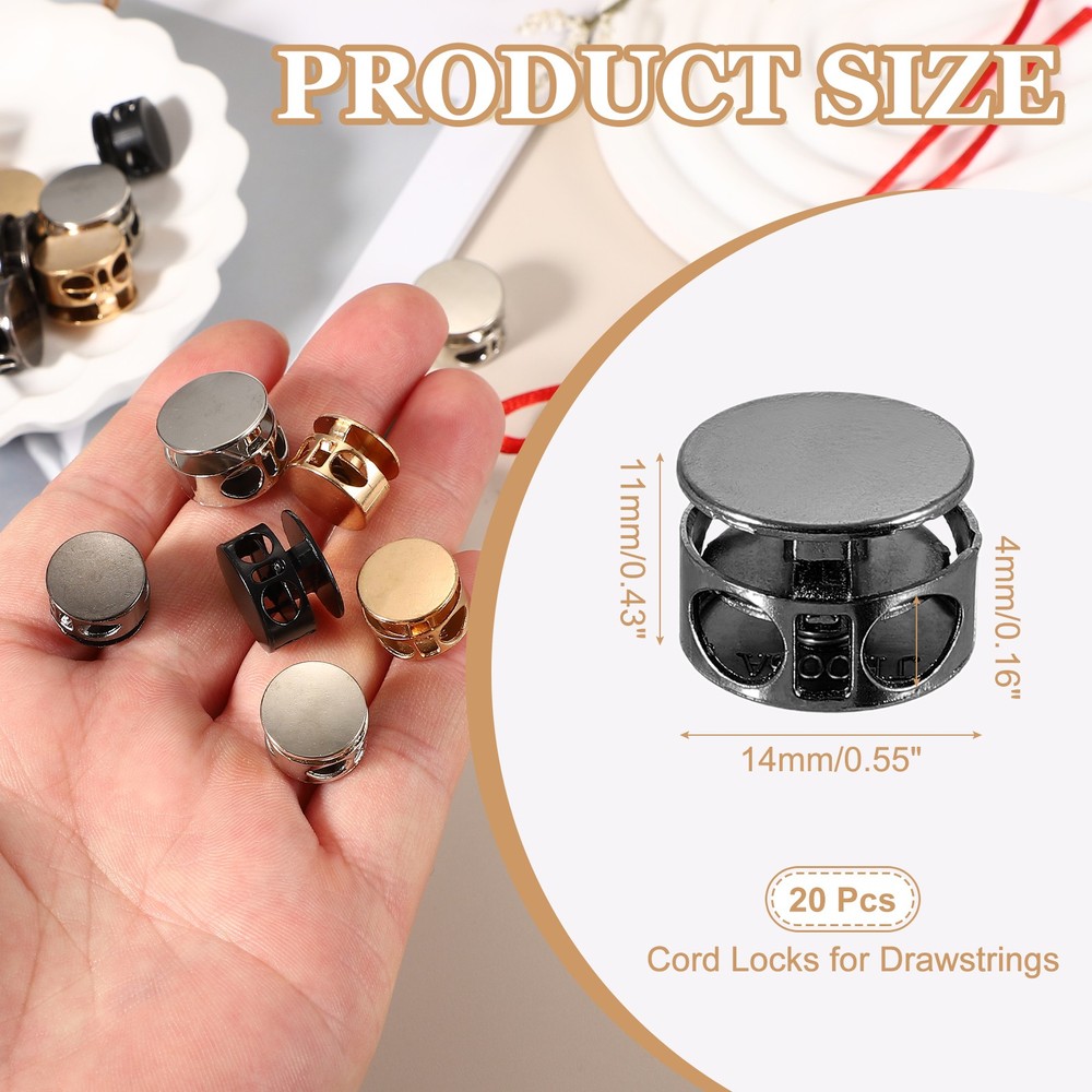 Metal Cord Locks, Double Hole Spring Draw String Stopper 0.6" & 20 Pcs & Black