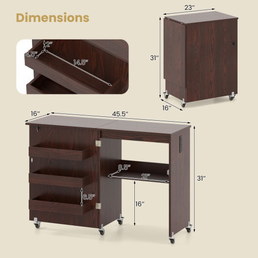 Sewing Machine Table with Charging Station and Lockable Casters-Brown - Color: B
