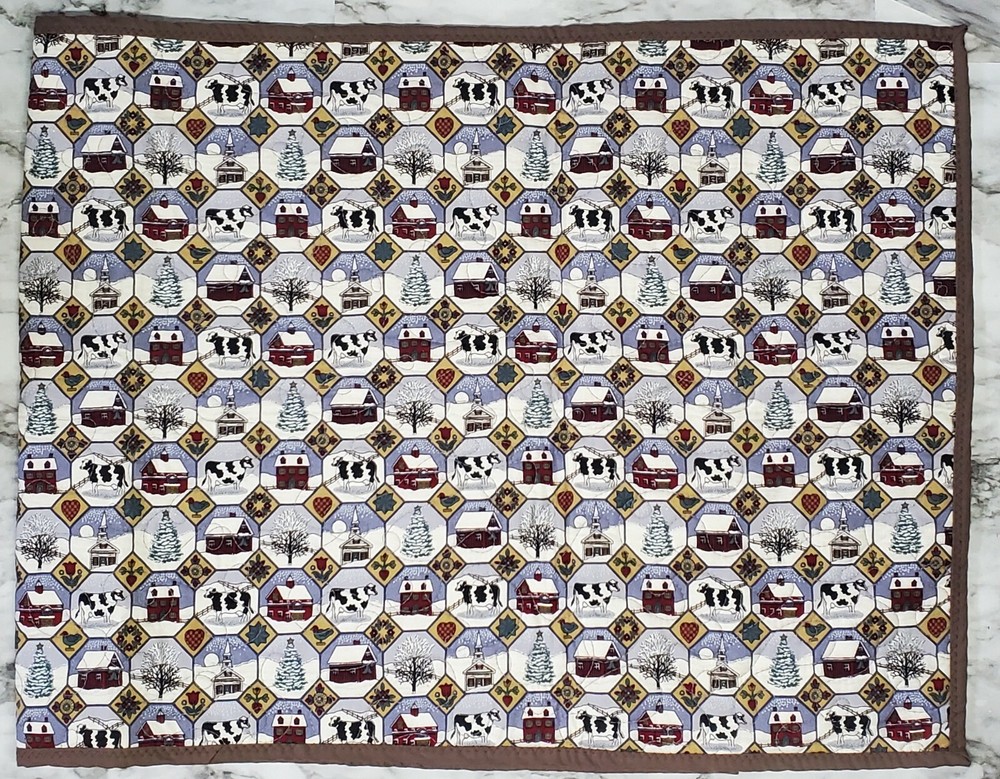 Country Christmas Cloth Table Runner Homemade Quilted Cows Rectangle Small EUC