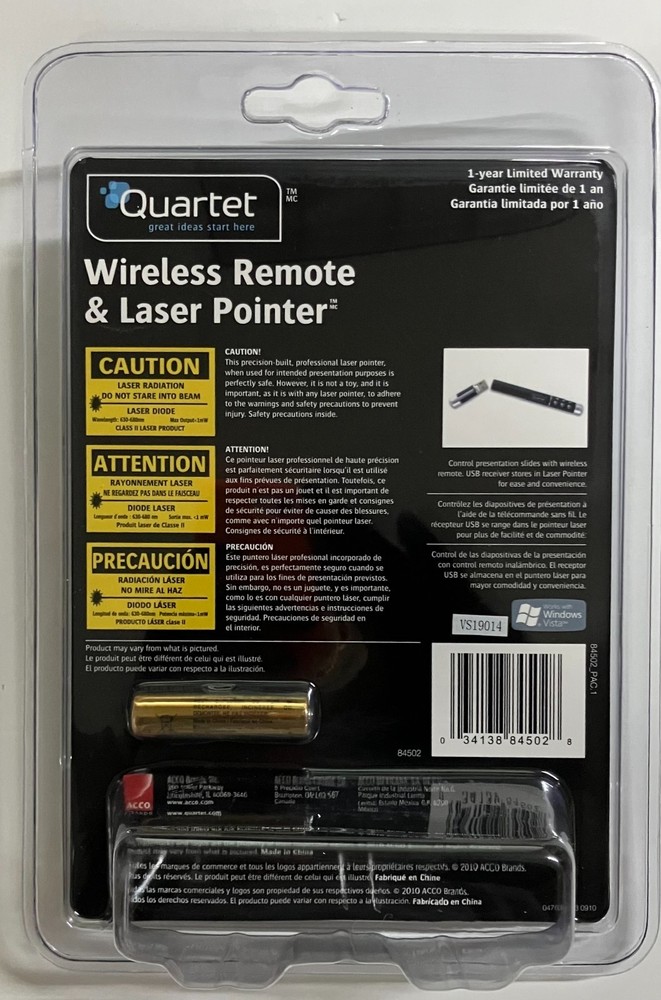 Acco Quartet Wireless Remote and Laser Pointer, 2 PACK (NEW, SHIPS FREE)