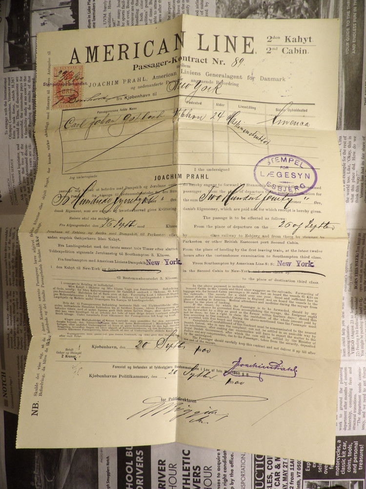 1900 American Line Passenger Contract Denmark
