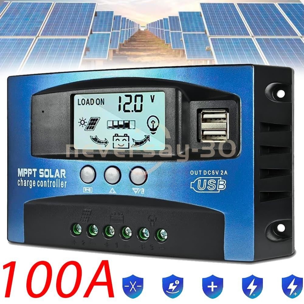 Solar Charge Controller MPPT 100A LCD Display 12V 24V Dual USB Solar Controller