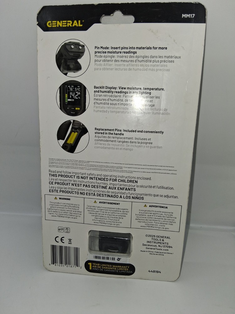 General Tools Pin Moisture Meter with Backlit Display for Wood, Drywall