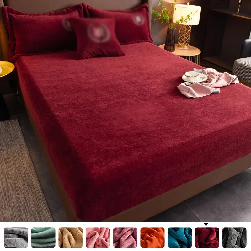 Thicken Velvet Fitted Bed Cover Elastic Bed Sheets Mattress Cover Solid Color