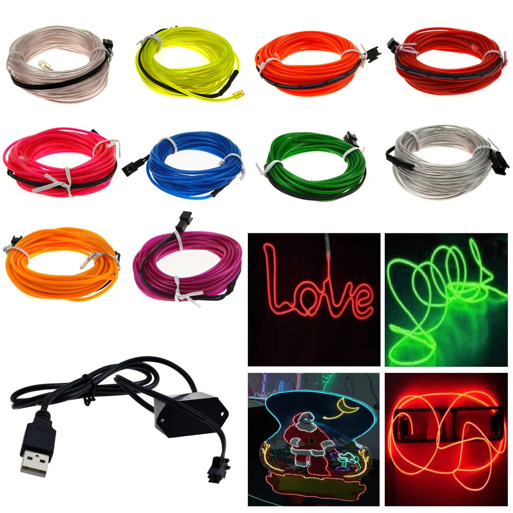 6/9/13/16ft Neon LED Light Glow EL Wire String Strip Rope Tube + USB Controller