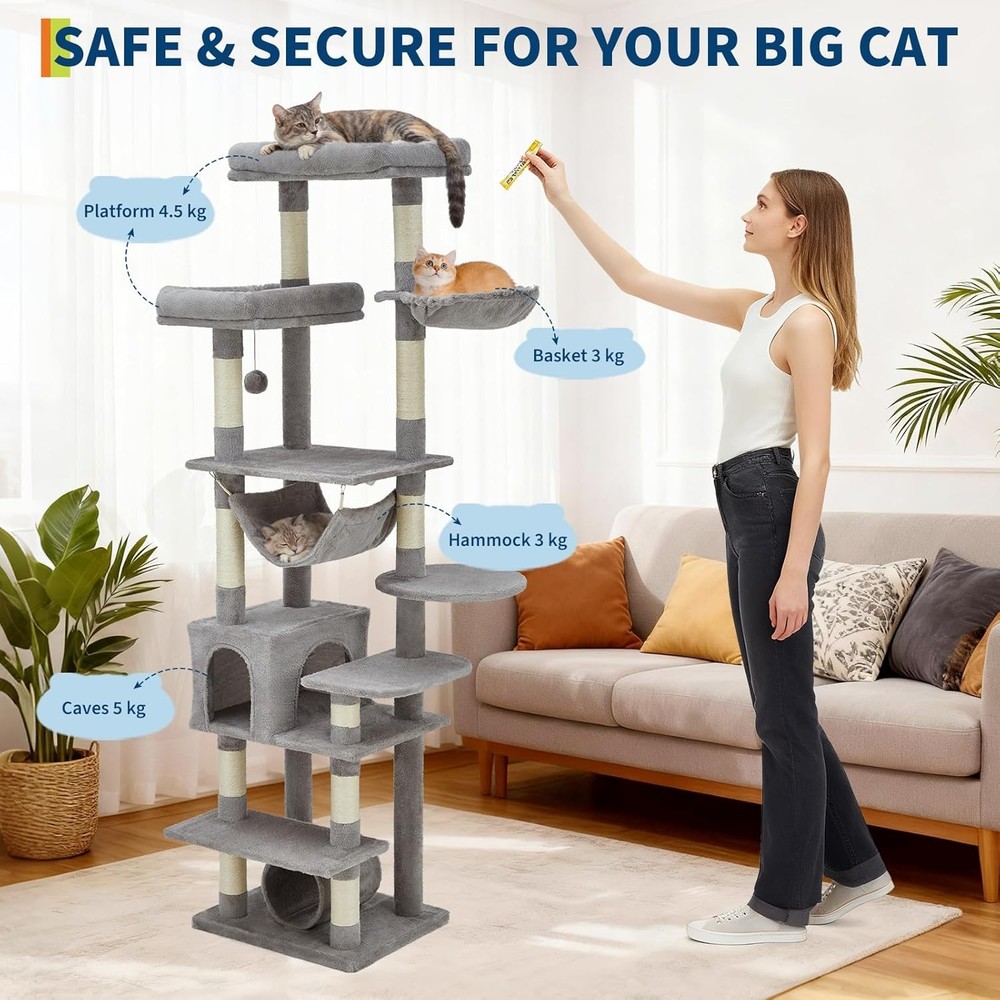 74" Large Cat Tree for Big Cat Multi-Level Tower w/ Scratching Post Condo Perch