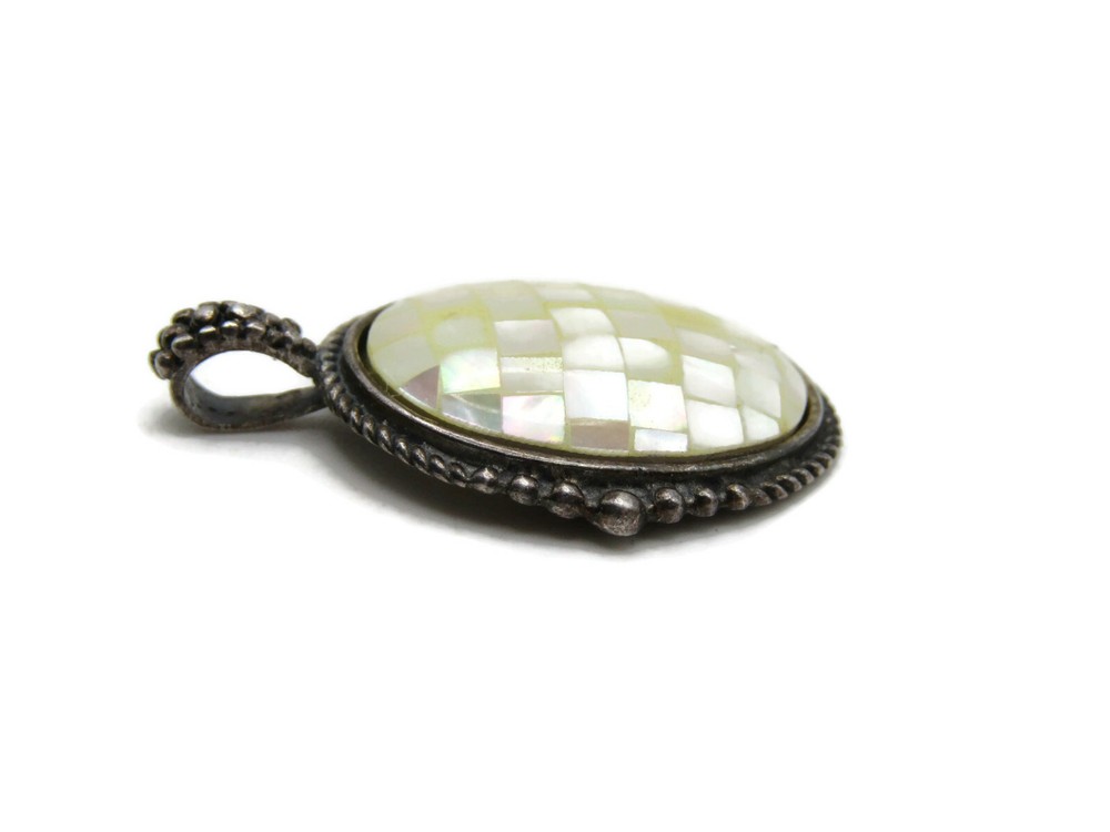 Mother of Pearl Charm Oval Shape Square Patterned Silver Tone