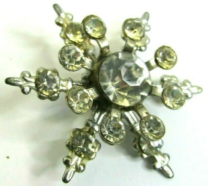 Rhinestone SNOWFLAKE BUTTON Silver Tone Metal Backing Shank Loop Winter Holiday