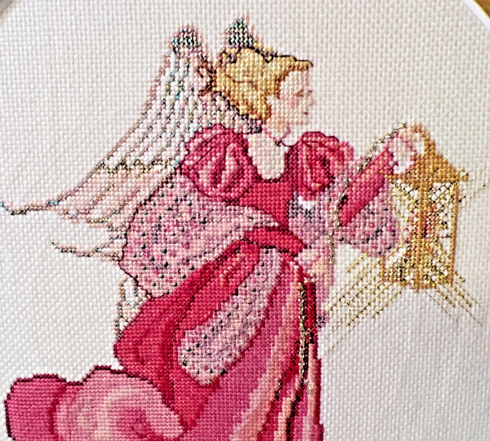 Completed Needlework VNTG. Framed Cross Stitch ANGEL Pink Spring Easter Sparkly!
