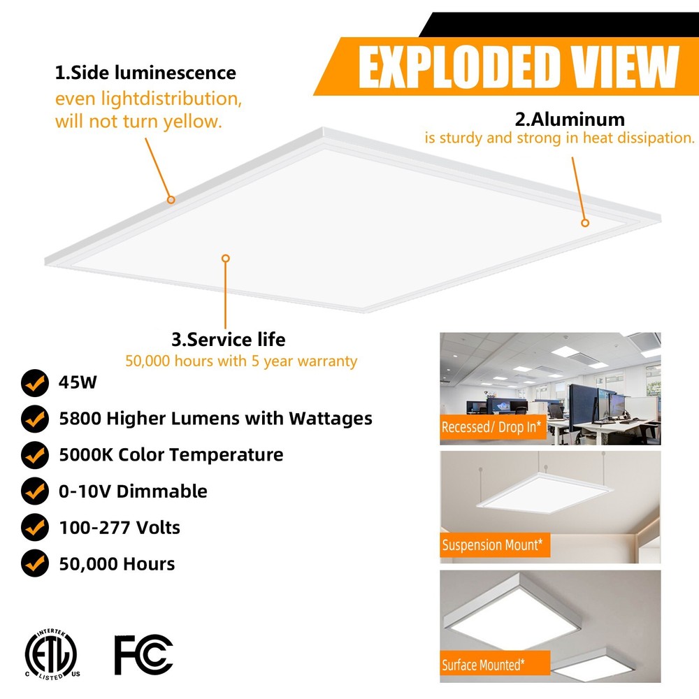2Pack 2x2FT 45W LED Flat Panel Light,0-10V Dimmable,Drop Ceiling Lights,100-277V