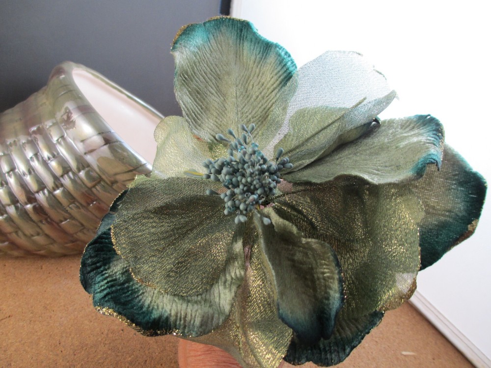 Green Ceramic Cornucopia Thanksgiving Table Decor & Silk Flower