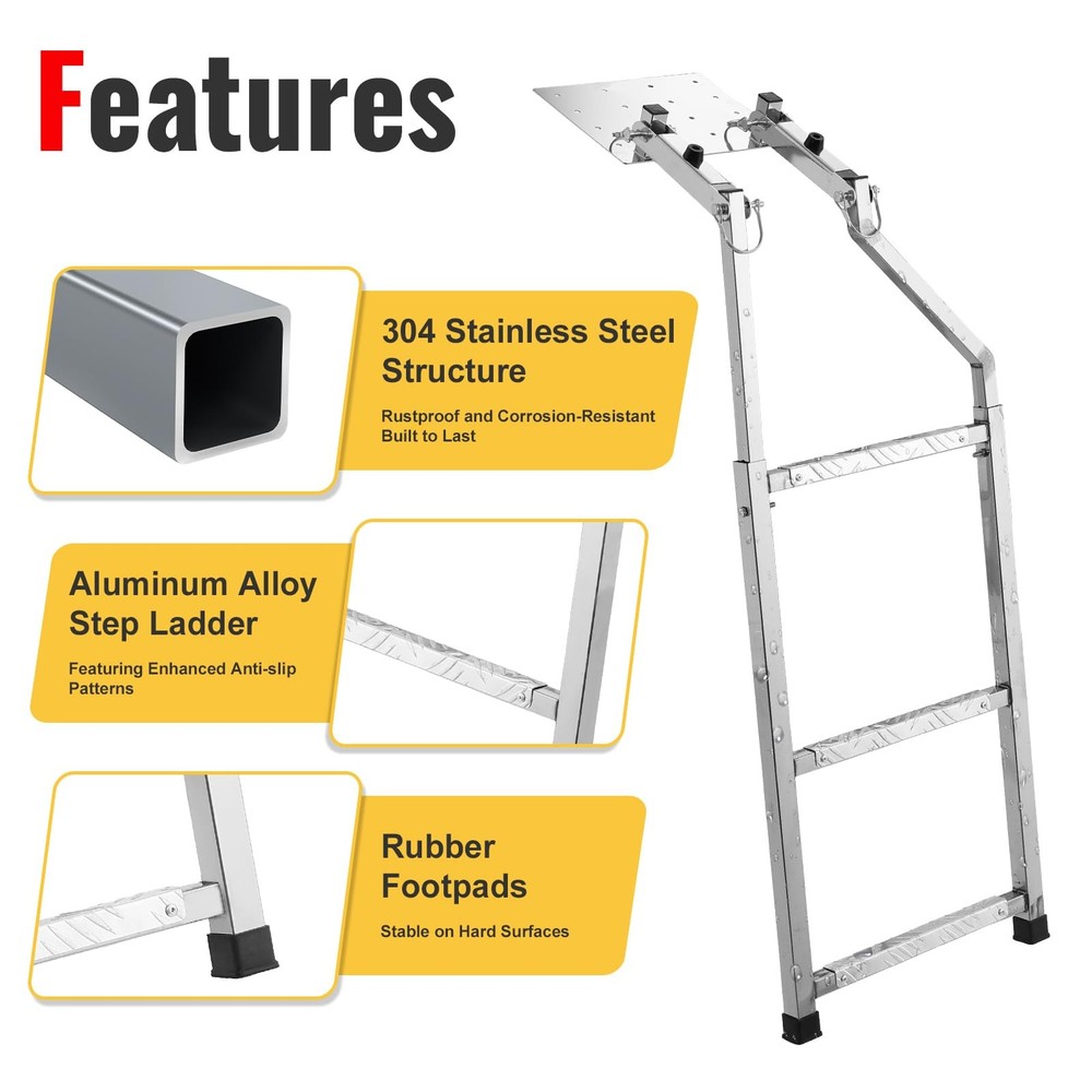 Tailgate Ladder for Pickup Trucks Bed Universal Fit - Non-Foldable, Silver