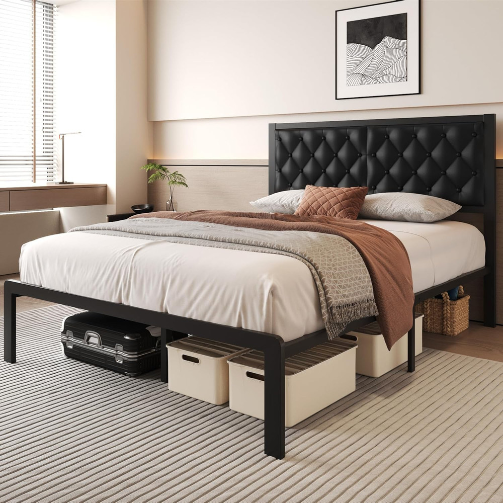 Queen Bed Frame with Headboard PU Leather Upholstered Bed Frame Platform,All Met