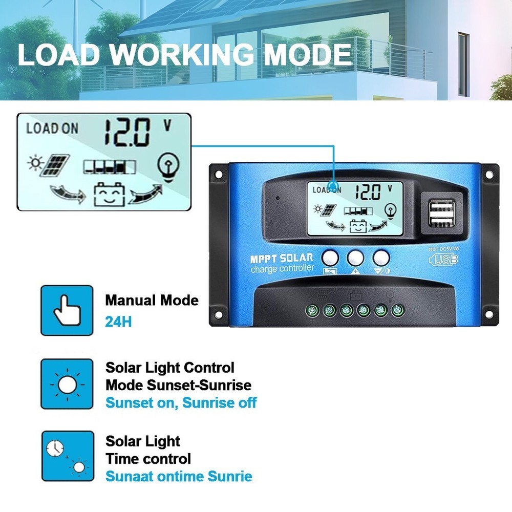 Solar Charge Controller MPPT 100A LCD Display 12V 24V Dual USB Solar Controller