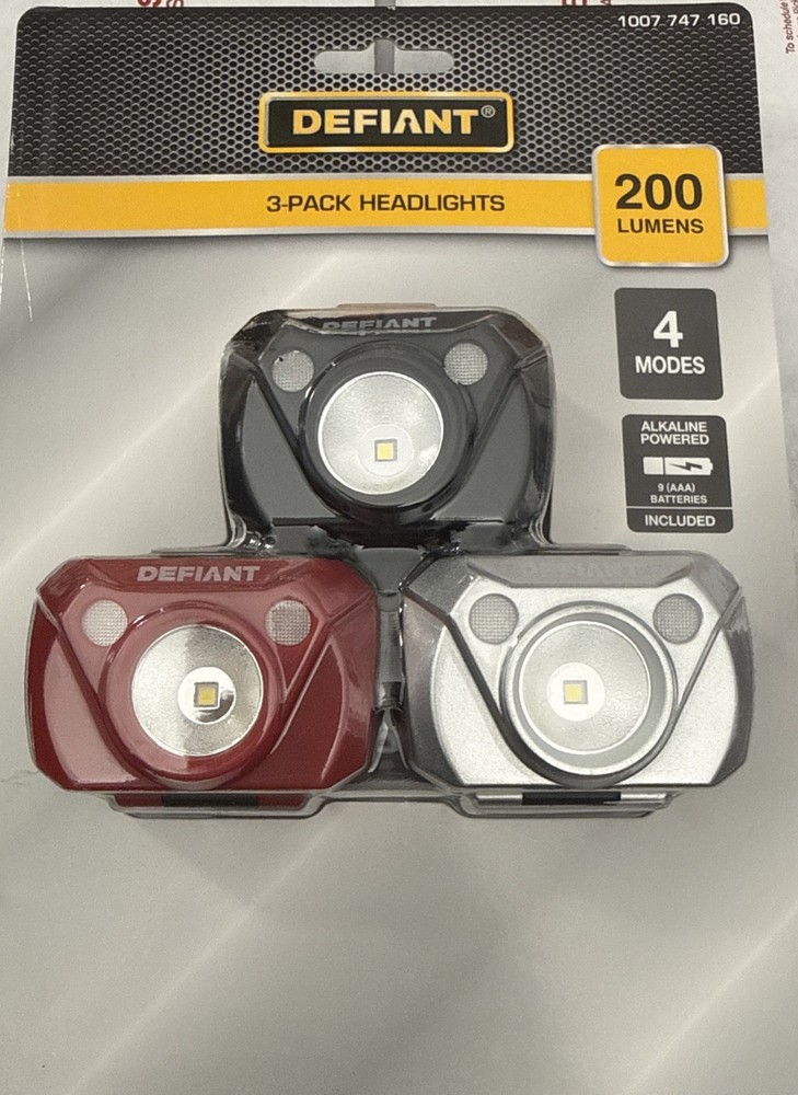 Defiant LED Headlight 3-Pack 200 Lumen Elastic Headband Flashlight