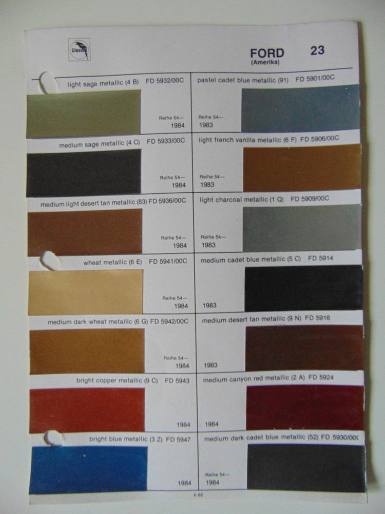 Original Glasurit Ford (US) Paint Chips Sheet - 1983-1984