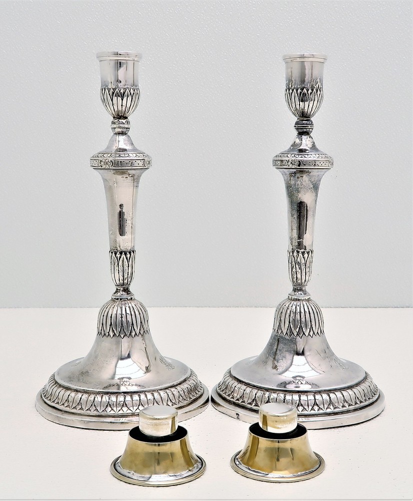 Set 2 Marked Genoa Italy Solid Silver Neo-Classical Candle Sticks c 1790 crest