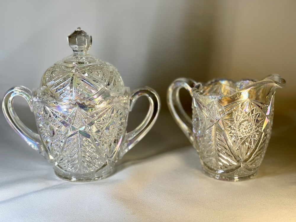 Valtec Pattern Sugar And Creamer Iridescent Clear Glass  Lusterware L.E. Smith