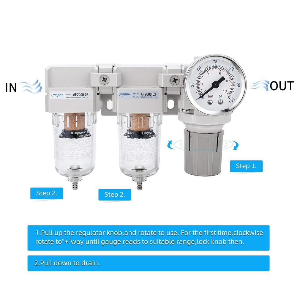 High-Filtration NPT Air Drying System - Double Filter, Regulator Combo