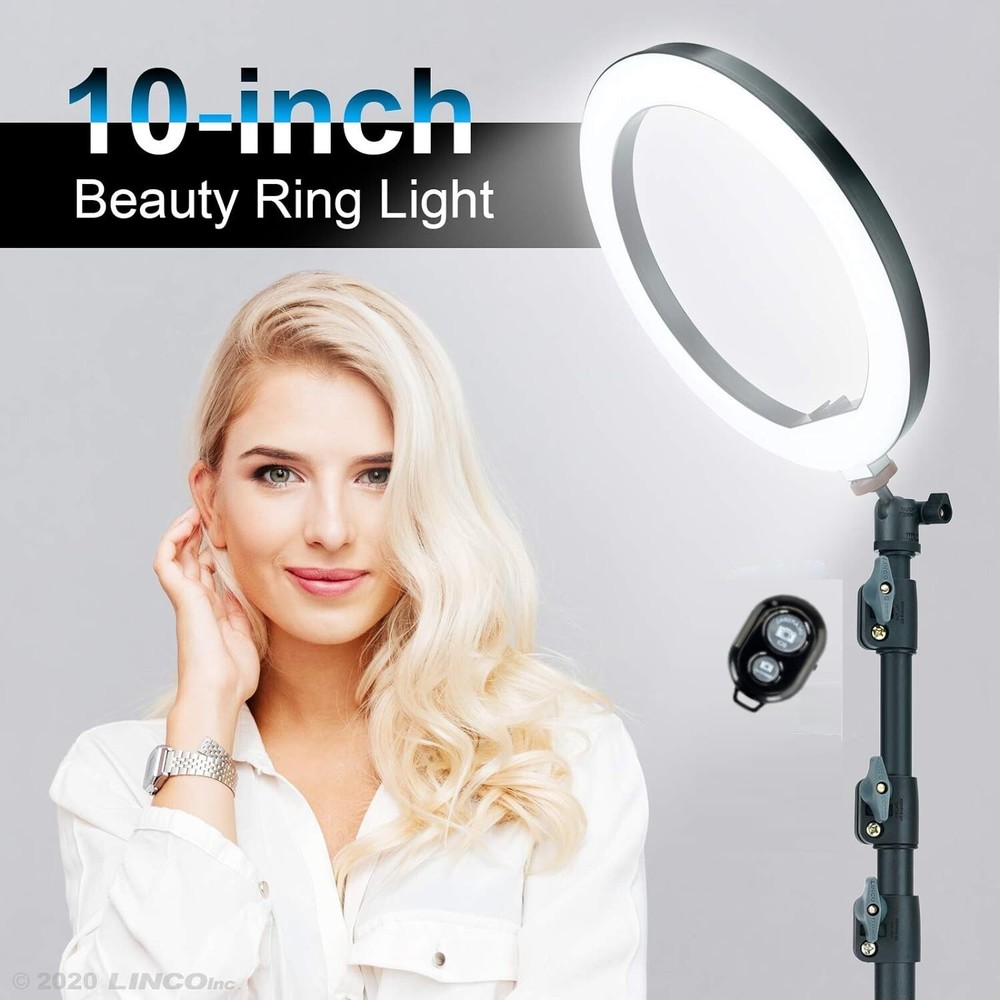 LINCO Pink/Blue T-Shape Backdrop Stand with 10" Ring Light Stand Lighting Kit