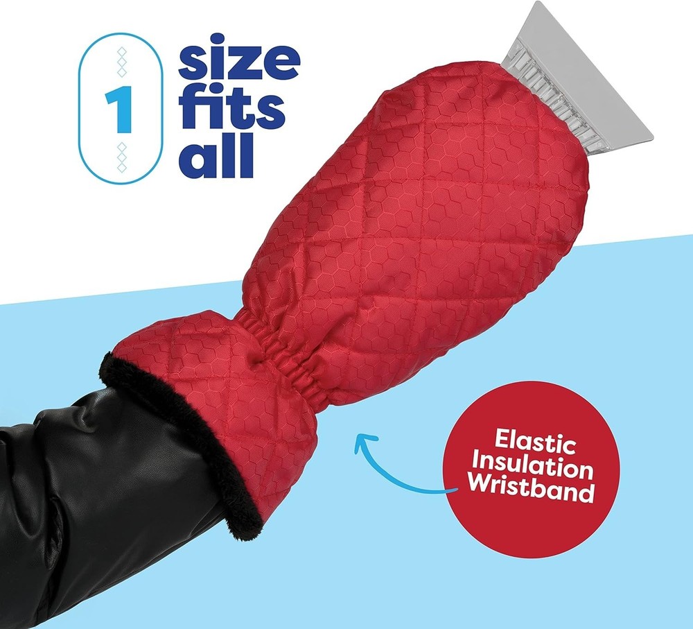 Revolutionary Car Windshield Ice Scraper with Waterproof Fleece Mitt - Red