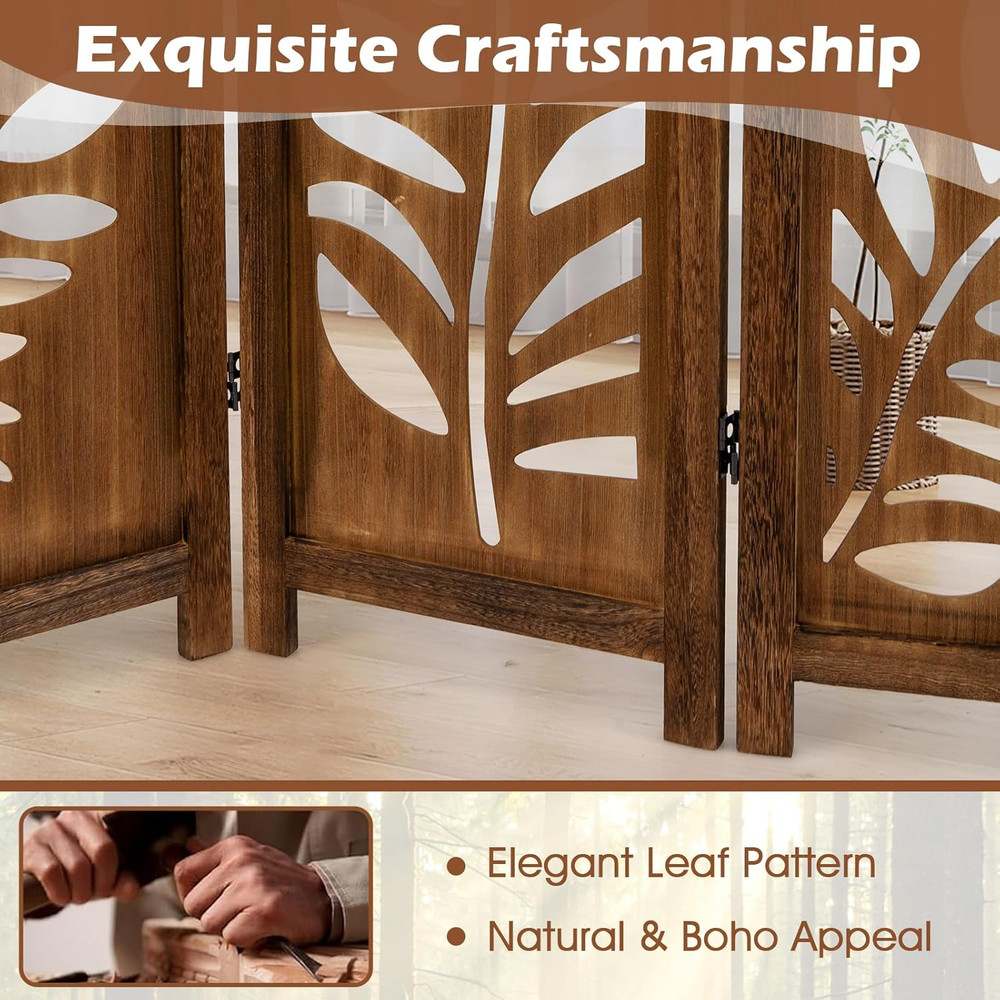 Boho Rustic Room Divider, 6 Panel Carved Leaf Folding Wood Screen, Fully Assembl