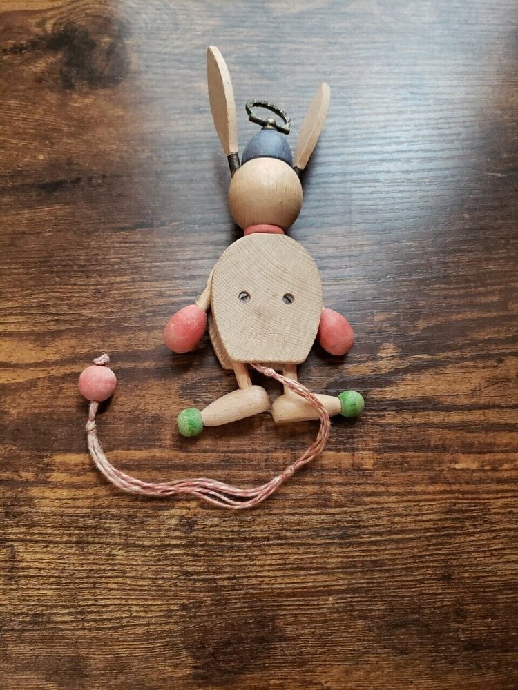 Vintage Jumping Jack Toy Wooden Bunny Rabbit Easter Pull String Austria Painted