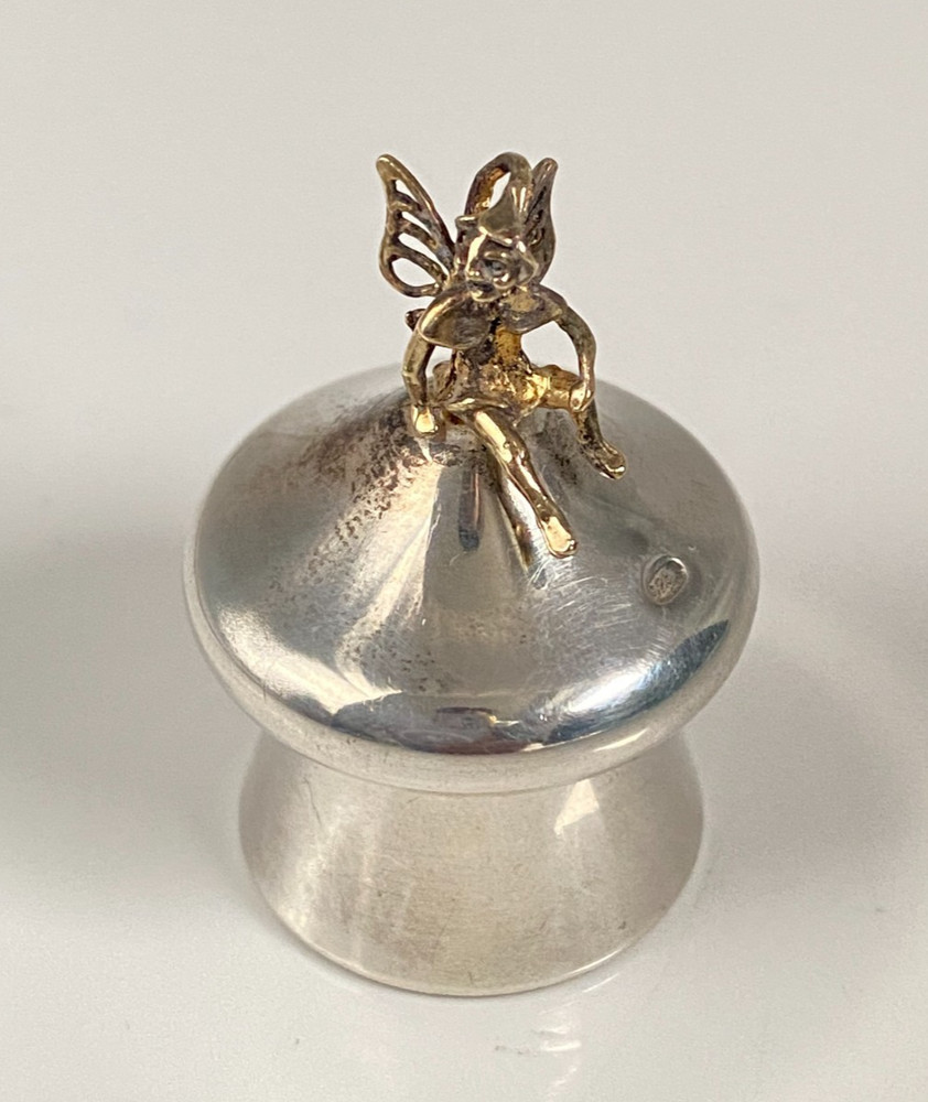 Vintage Carrs Solid Silver Seated Tooth Fairy Gilded Keepsake Box Mushroom Shape