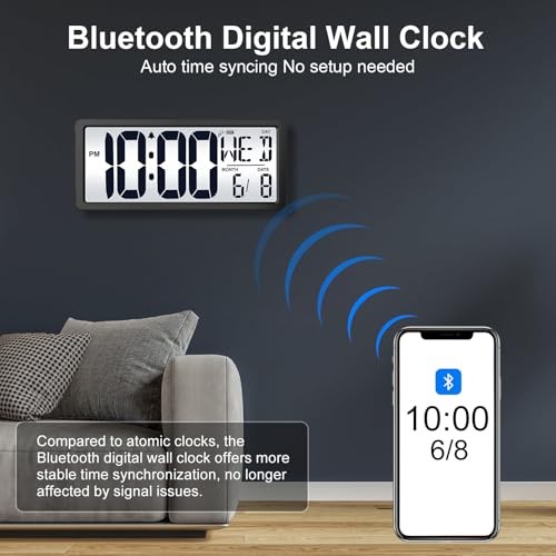 Backlight Digital Wall Clock Battery Operated with Bluetooth Time Sync/No Black