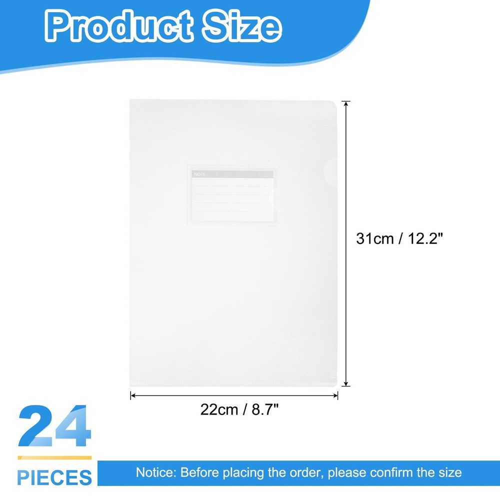 24 Pack L-Type Plastic Folders Letter Size Clear Folders for Documents Paper ...