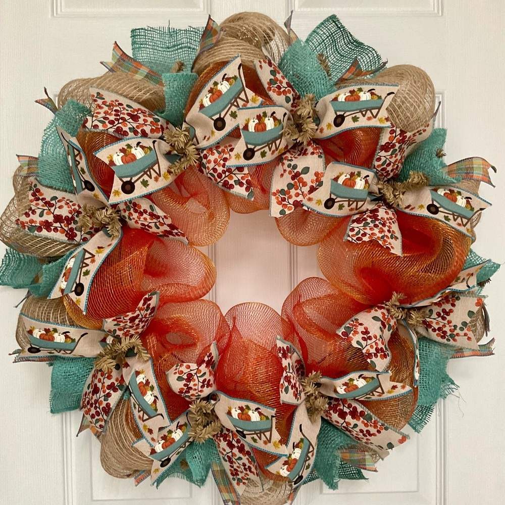 Harvest Wagon Ribbon Wreath Handmade Deco Mesh