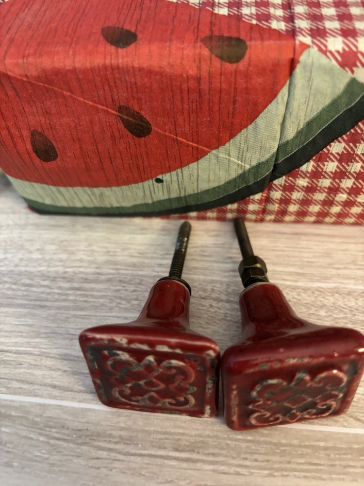 Antique Ceramic Red Distressed Drawer Pull Knob
