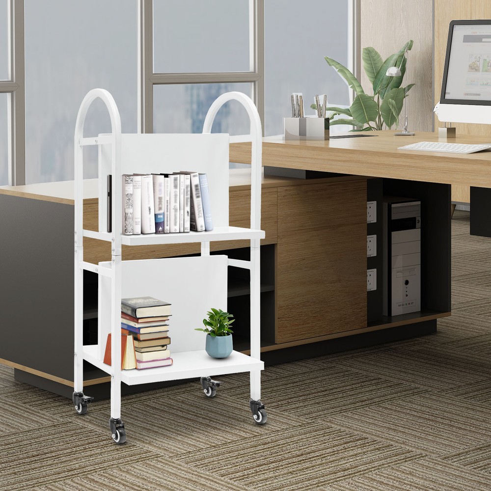 2Tier Rolling Book Cart+Wheels Office Library Newspaper Document Storage Trolley
